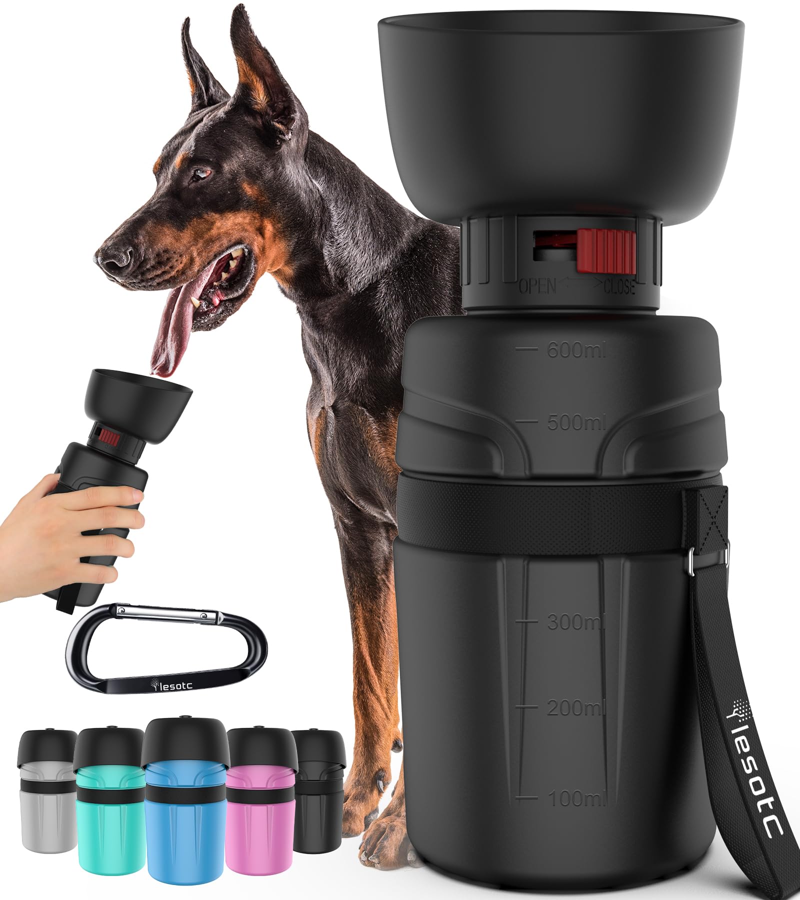 Photo 1 of lesotc Dog Travel Water Bottle Portable, Foldable Dog Water Bowl Dispenser, Leak Proof Pet Water Bottle for Dogs Outdoor Walking, Hiking, Travel, Puppy Essentials Necessities, BPA Free, Lightweight