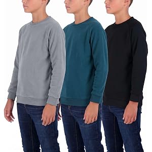 Real Essentials 3 Pack Boys' Fleece Crew Neck Long Sleeve Sweatshirt - Soft Pullover Sweaters for Youth Kids Boys & Girls