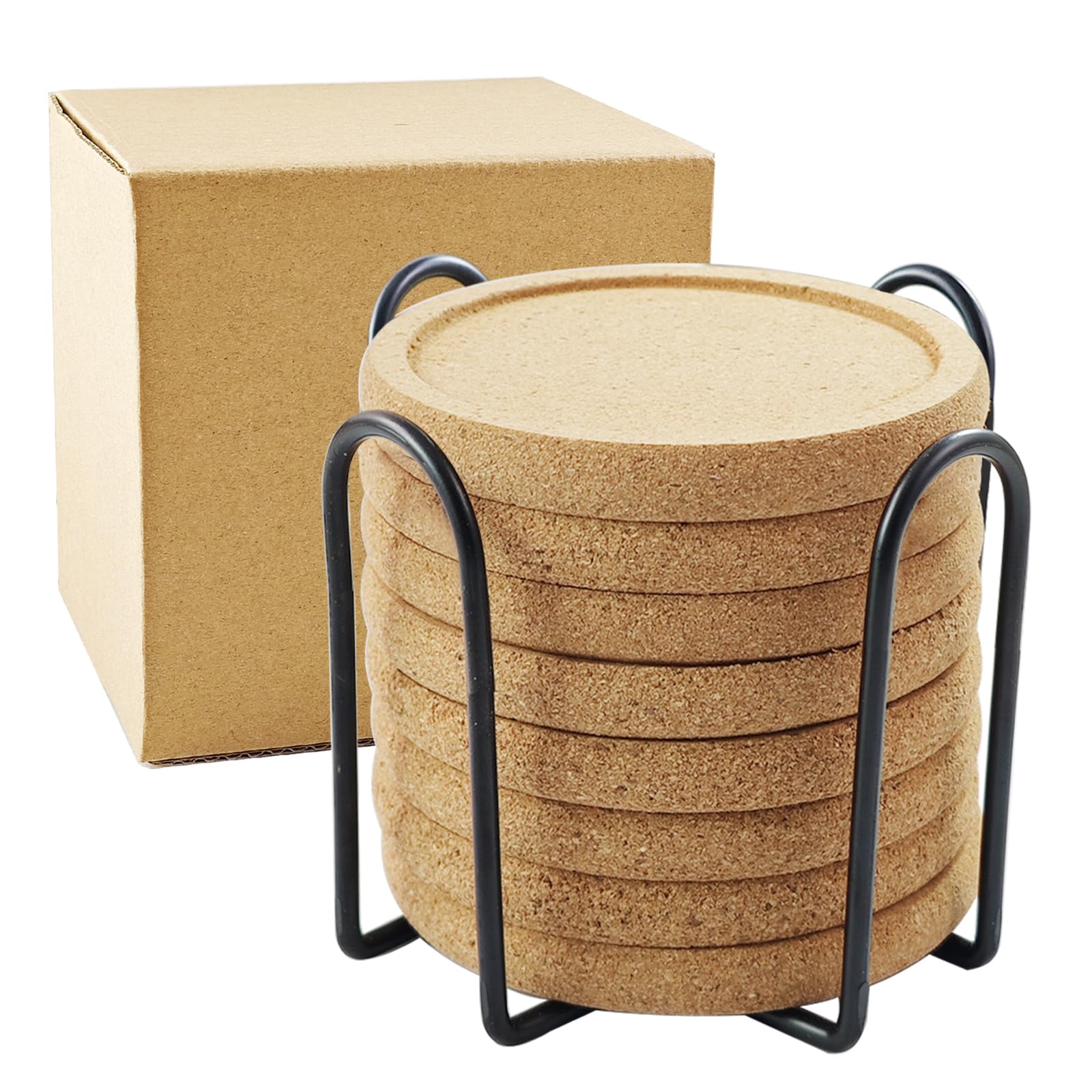 HILELIFE Cork Coasters for Drinks, Coaster set of 8 Pcs with Box, 4 inches Reusable Drink Coasters for Wooden Table Coffee Table