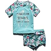 PHIBEE Girls' Short Sleeve Rash Guard Set UPF 50+ Sun Protection Two-Piece Swimwear