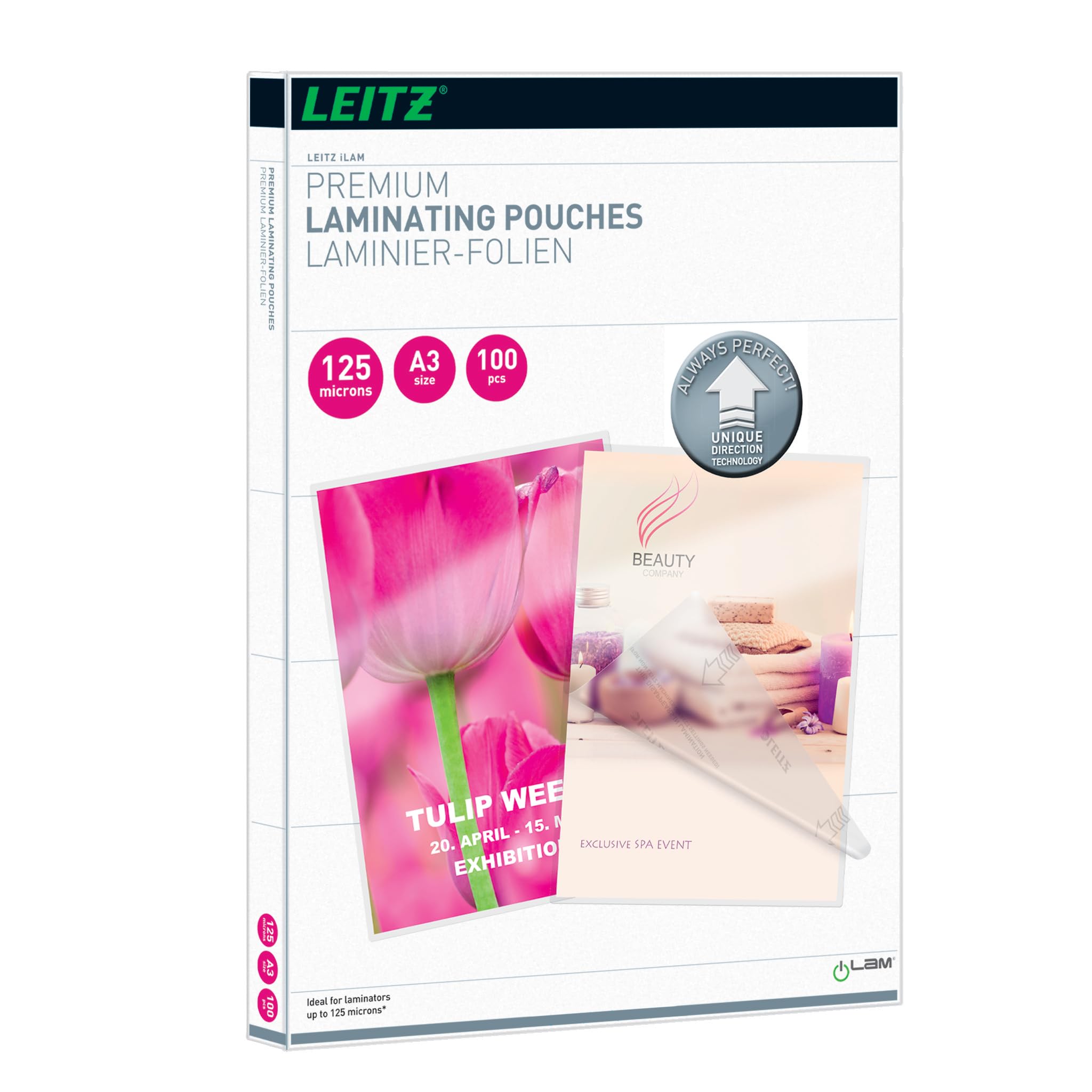 Leitz 74880000 Laminating Pouches Made of 125 Micron Thick Material (Transparent, Glossy, A3 and UDT) - Pack of 100