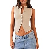 Pungdra Womens Button Down Tank Top Sleeveless Ribbed Fitted Vest Casual Crewneck Trendy Y2K Going Out Crop Knit Vest Top