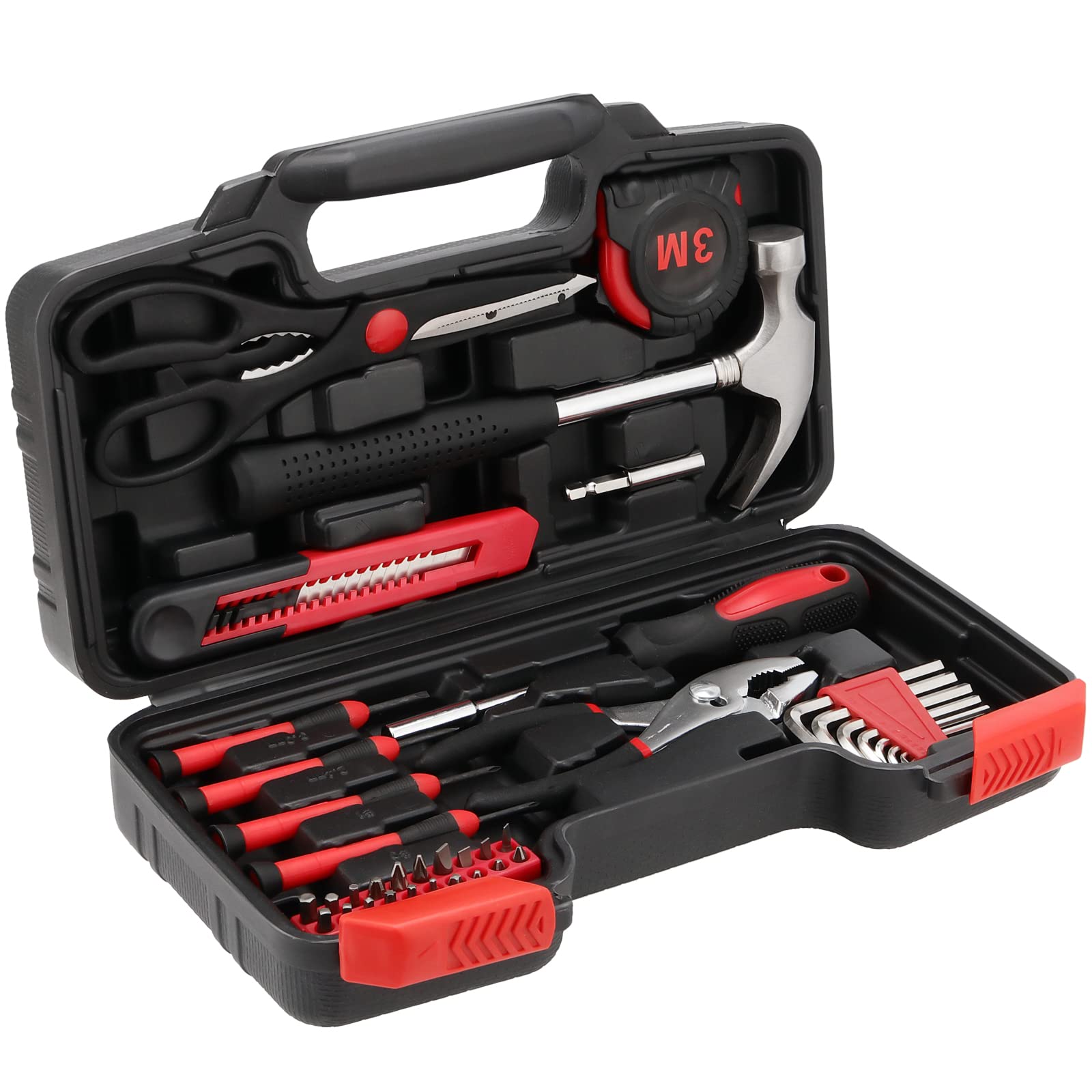 ZOENHOU 39 Pcs Household Tool Kit Set, Small General Home Garage Tool Kit Box, Portable Repair DIY Basic Toolkit with All Essentials in a Carry Case, Red