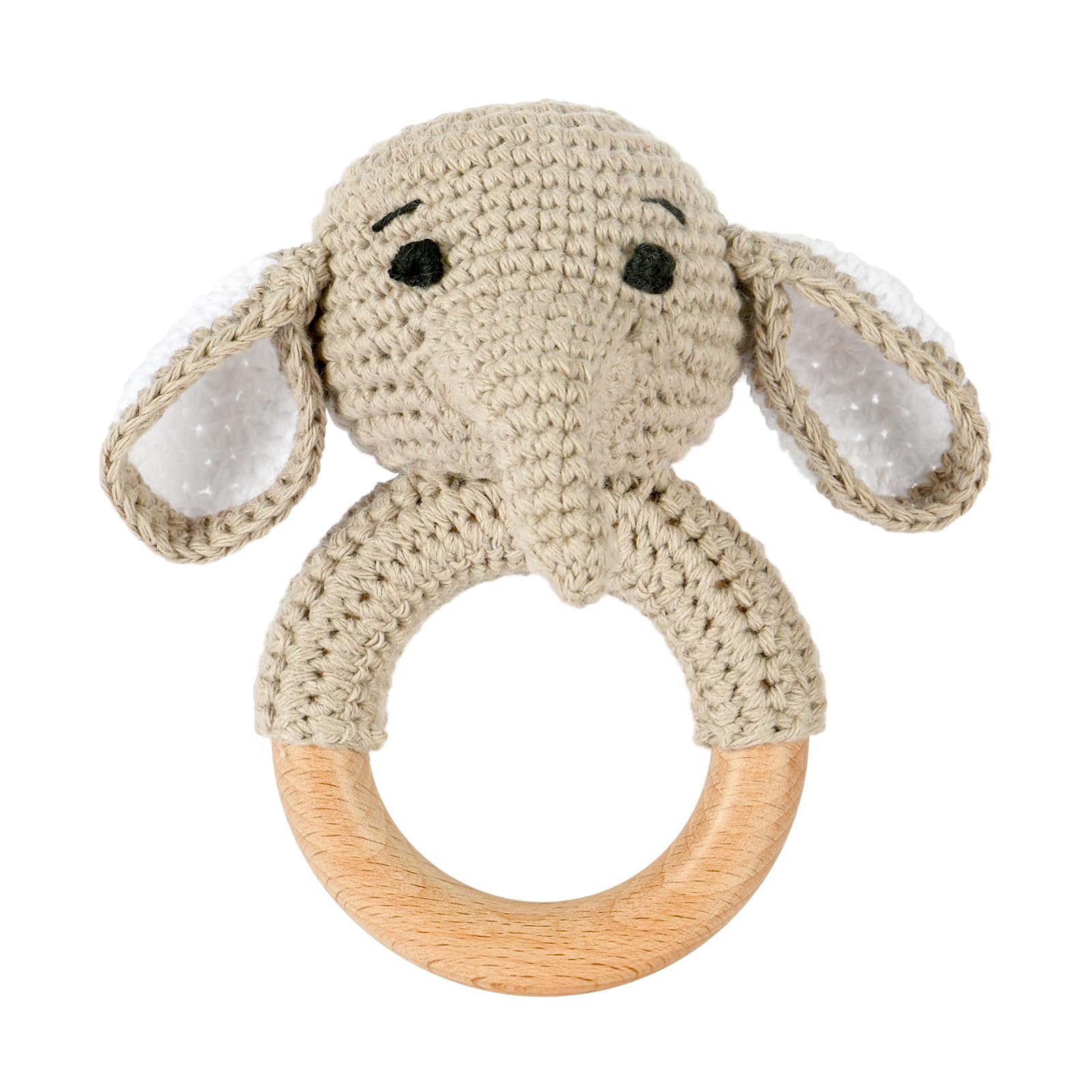 OFFCUP Baby Rattle, Wooden Crochet Animals Baby Soft Rattle Sensory Toys, Handmade Toddle Rattle Grasping Toy for Toddler 0 3 6 9 12 Month Infant Boys Girls Gift (Elephant)