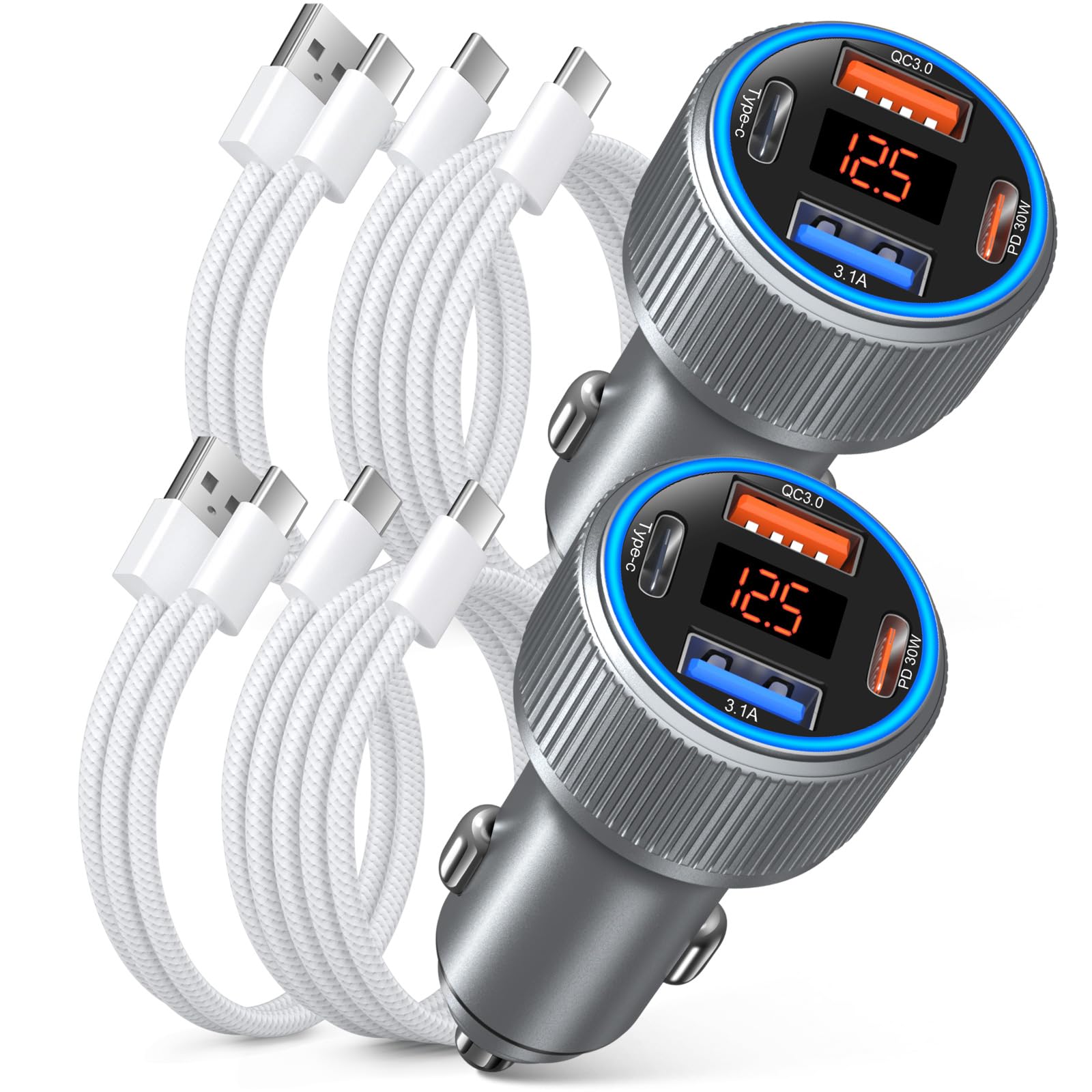 USB C Car Charger, 65W 4-Port 12V USB Car Power Cigarette Lighter Adapter with Voltage Display QC/PD 3.0 Super Fast Charge Type C Car Charger for iPhone 17 16e 15 Pro Max Air Pad Pro+4 Pack C Cords