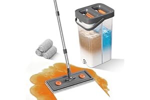 MUEE Mop and Bucket with Wringer Set for Home, Flat Mop and Bucket Set for Floor Cleaning and Window Wall Cleaner, Wet and Dry Mop with Long Handle and 3 Microfiber Pads