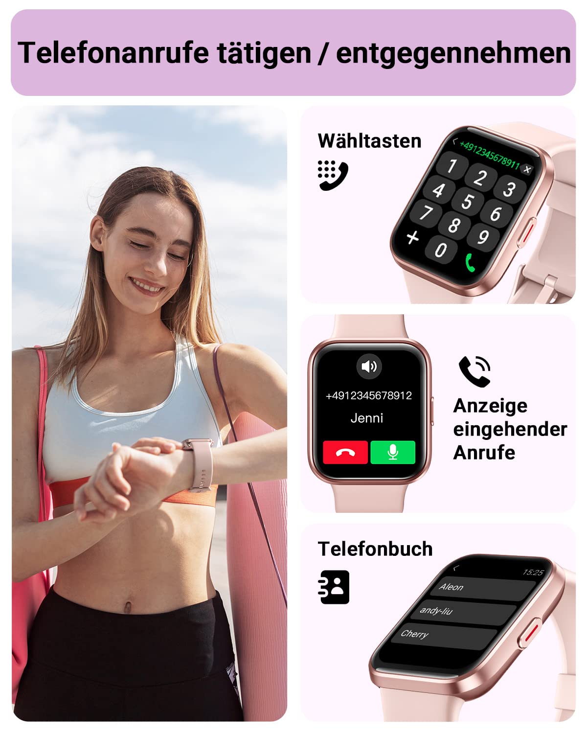 Tensky Smartwatch Damen mit Telefonfunktion 1,85" Smart Watch Alexa Integrierte 3ATM, 110+ Sportmodi, Schrittzähler Uhr Herzfrequenz Schlaf SpO2 Fitnessuhr für Samsung Android iOS 2