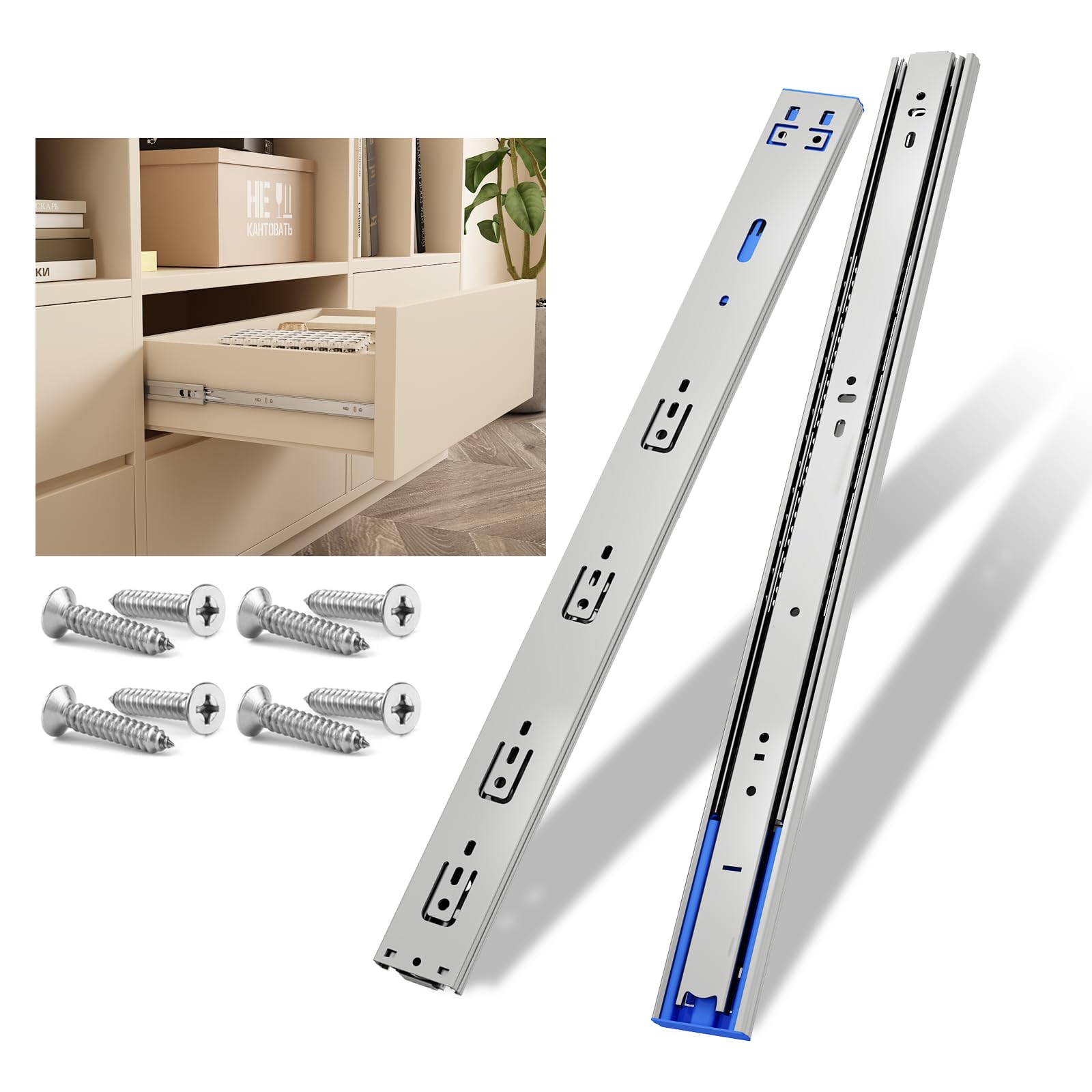 NECILO Push to Open Silver 400mm Residential Drawer Runner, 45kg Load Capacity Rust Proof and Waterproof Full Extension, Slides for Kitchen, Bathroom, Office, Side Mount, 1 Pair(2 Packs)