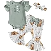 ZAXARRA Newborn Baby Girls Outfit Flying Sleeve Crew Neck Romper Floral Flared Pants Headband Cute Casual Clothes Set