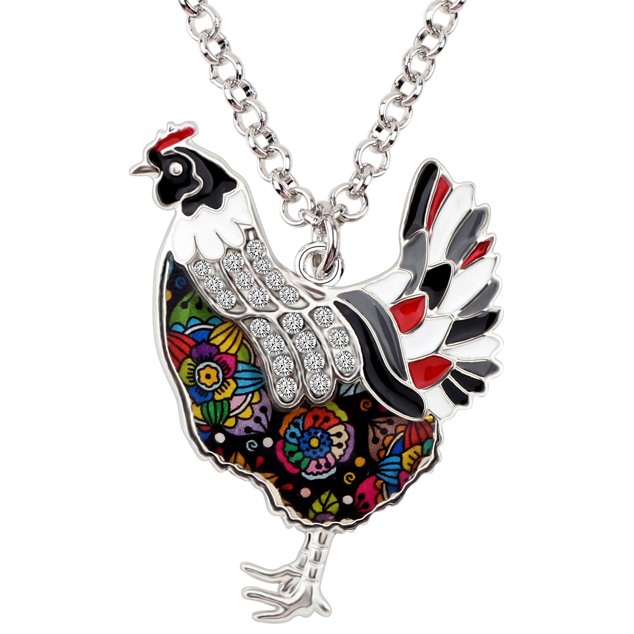 WEVENI Enamel Alloy Rhinestone Chicken Necklace Hen Rooster Pendant Chain Fashion Jewelry Novelty Gifts For Women Girls Ladies (Grey)