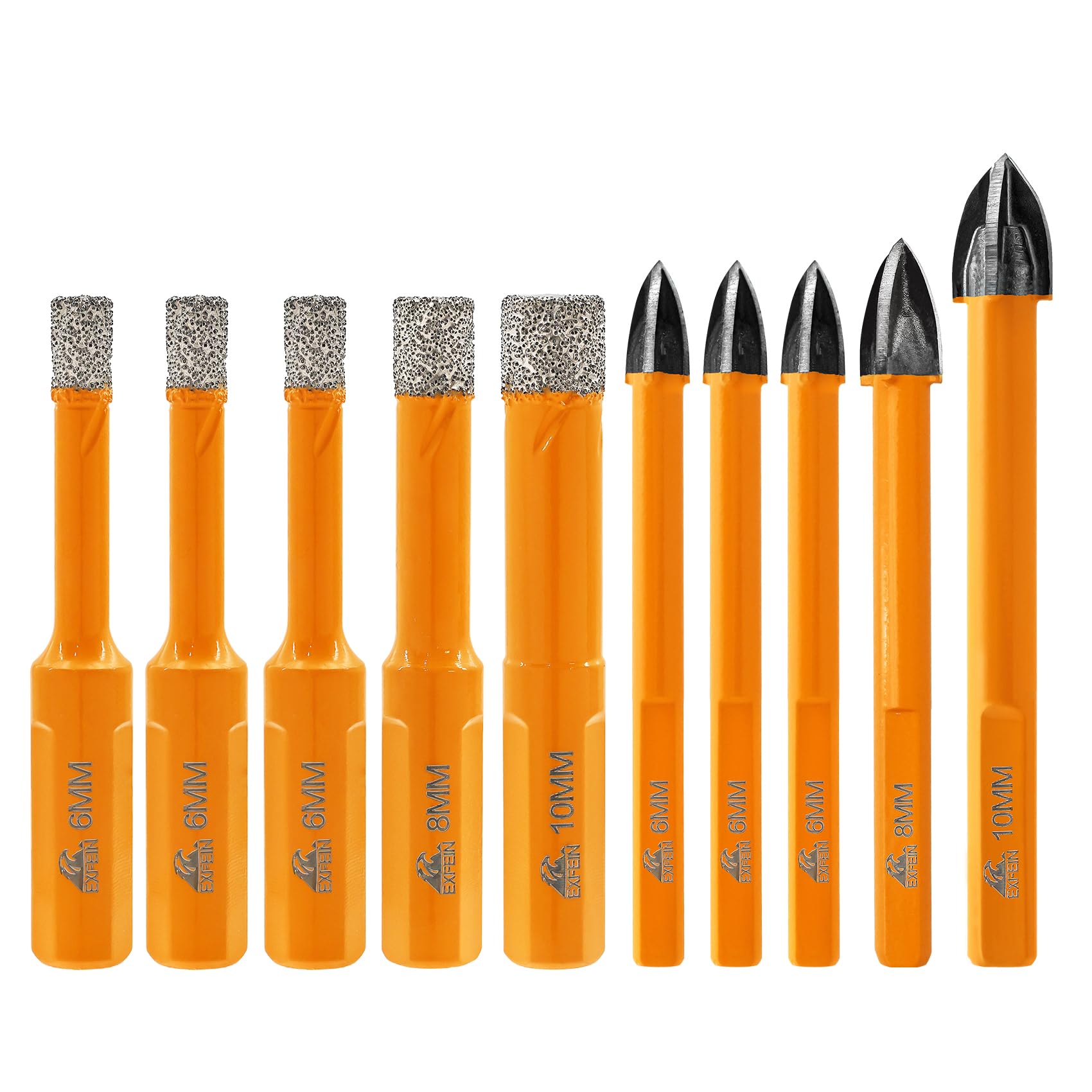 EXFEIN Diamond Drill Bits - 10pcs Tile Drill Bits & Carbide Drill Bits 6/6/6/8/10mm for Drilling Ceramic Porcelain Tile Marble Granite Masonry