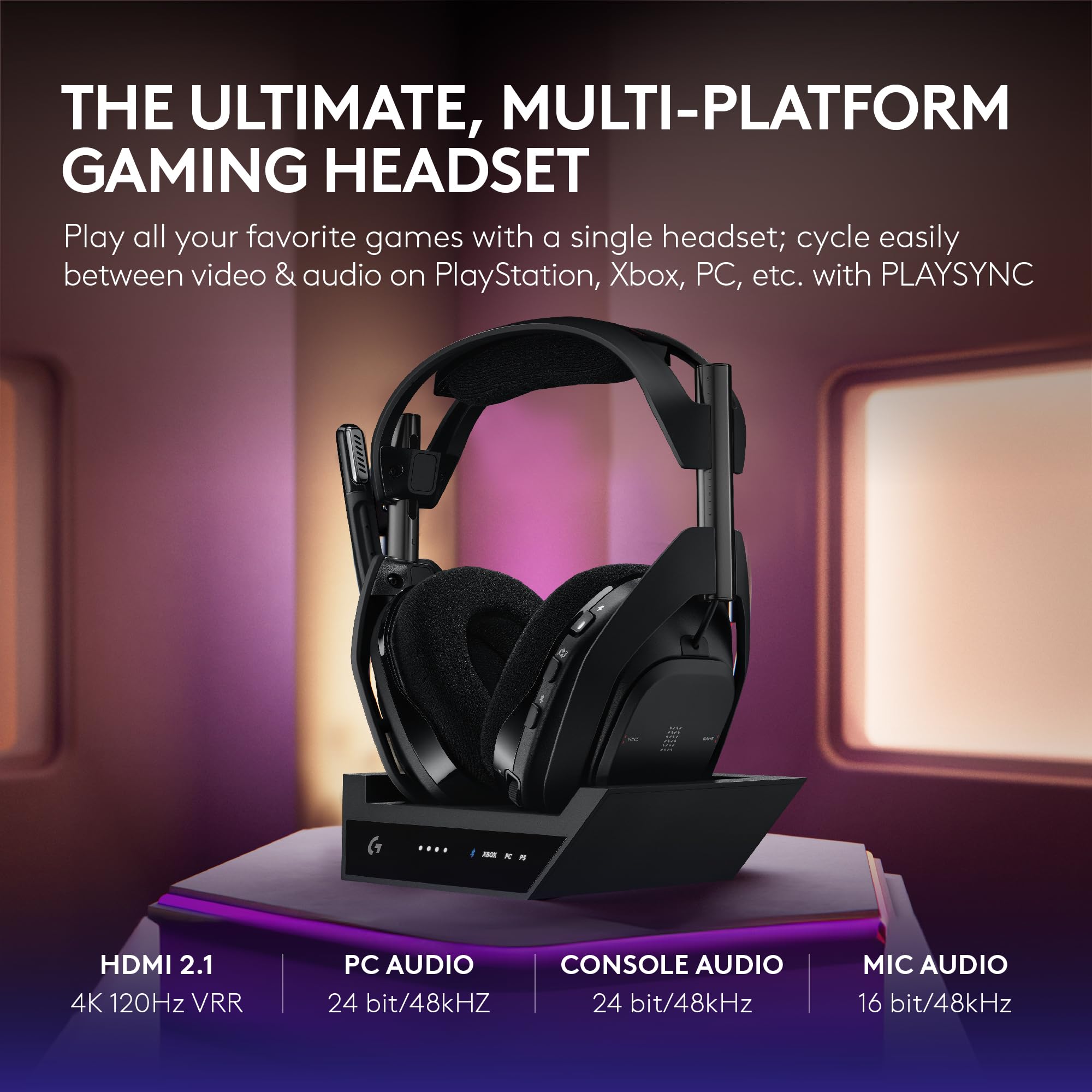 Logitech G Astro A50 X Omni-Platform Wireless Gaming Headset + Base Station for PS5, Xbox, PC: PLAYSYNC Video & Audio Switcher, HDMI 2.1 4K 120Hz VRR, 24 bit/48 kHz, 24hr Battery, 2.4GHz & BT - Black