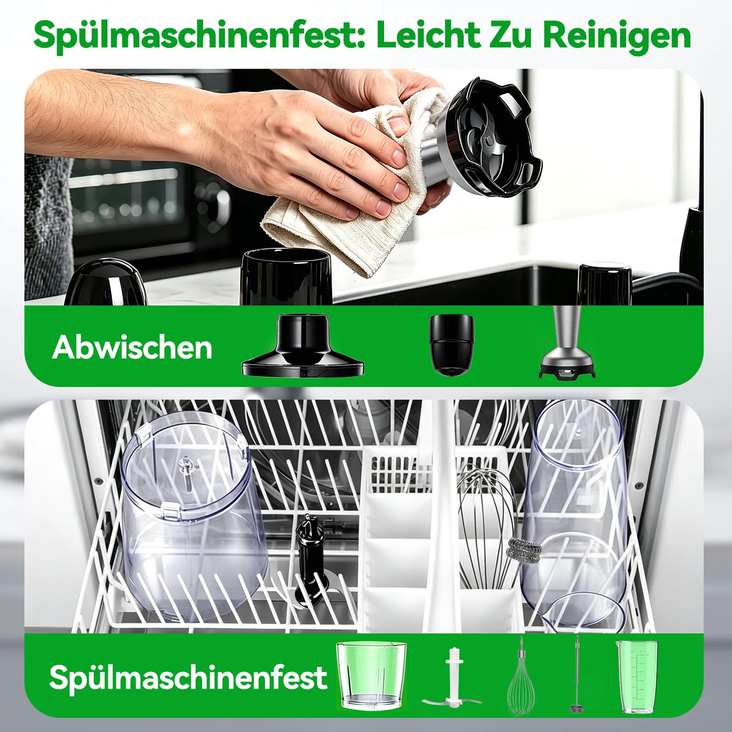 BESROY Stabmixer Set 5 in 1, 1100W Pürierstab Elektrisch, Stufenlose Geschwindigkeit, Edelstahl Hand Blender inkl. Zerkleinerer, Schneebesen, Milchaufschäumer & Messbecher, Ideal für Suppen, Smoothies 7