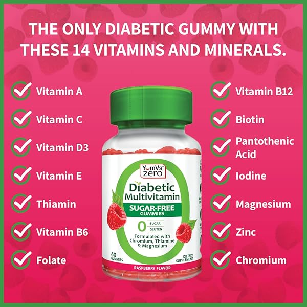 YUM-V’S YUMVS MULTIVITAMIN GUMMIES | SUGAR FREE SUPPLEMENT VITAMINS FOR WOMEN & MEN | CHROMIUM, THIAMINE AND MAGNESIUM | NATURAL RASPBERRY FLAVOR CHEWABLES – 60 COUNT