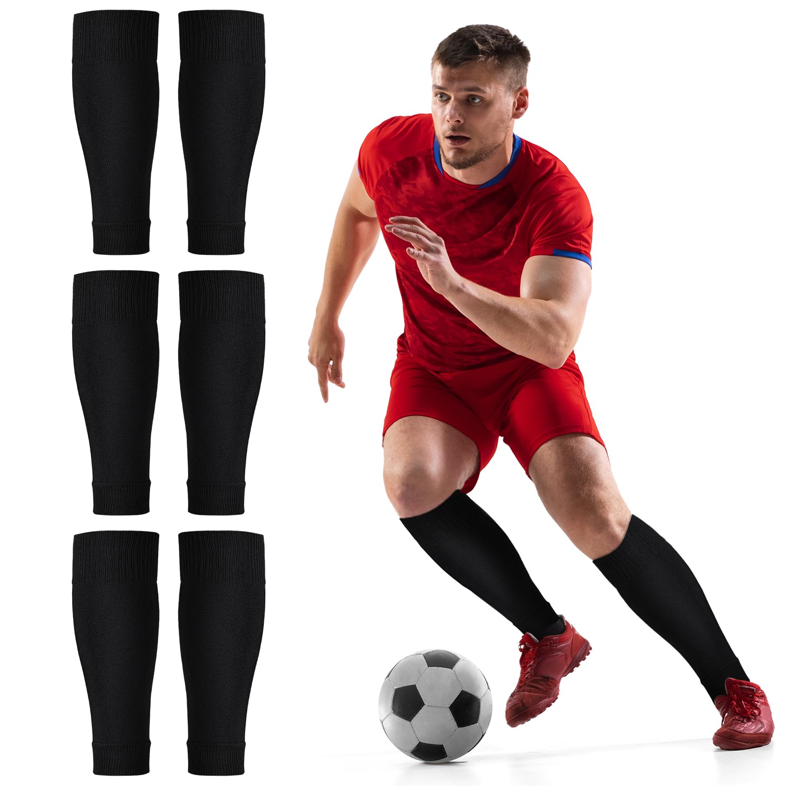 AMFUN Football Sock Sleeves, Soccer Shin Guards, 3 Pairs Elastic Shin Sleeves, Team Leg Sock for Games, Beginner Teenagers Adults - Black - 37CM