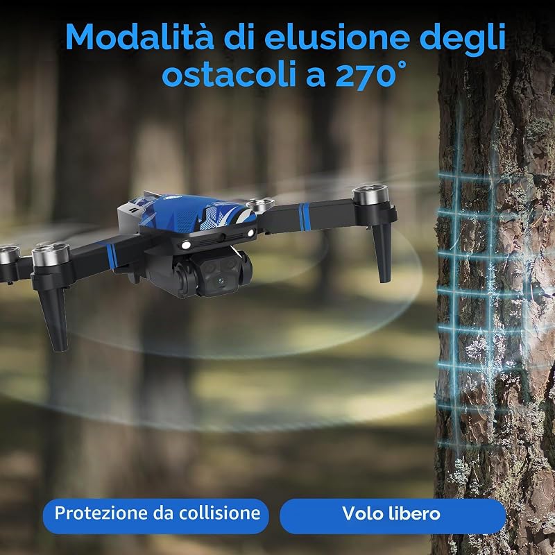 Drone con Camera, Schermo LCD FPV Live Video, Droni Motore Brushless, Sistema di Prevenzione Ostacoli a 270°, 3D Flips, Supporta Schede SD fino a 32 GB, Peso Inferiore a 250g per Beginners