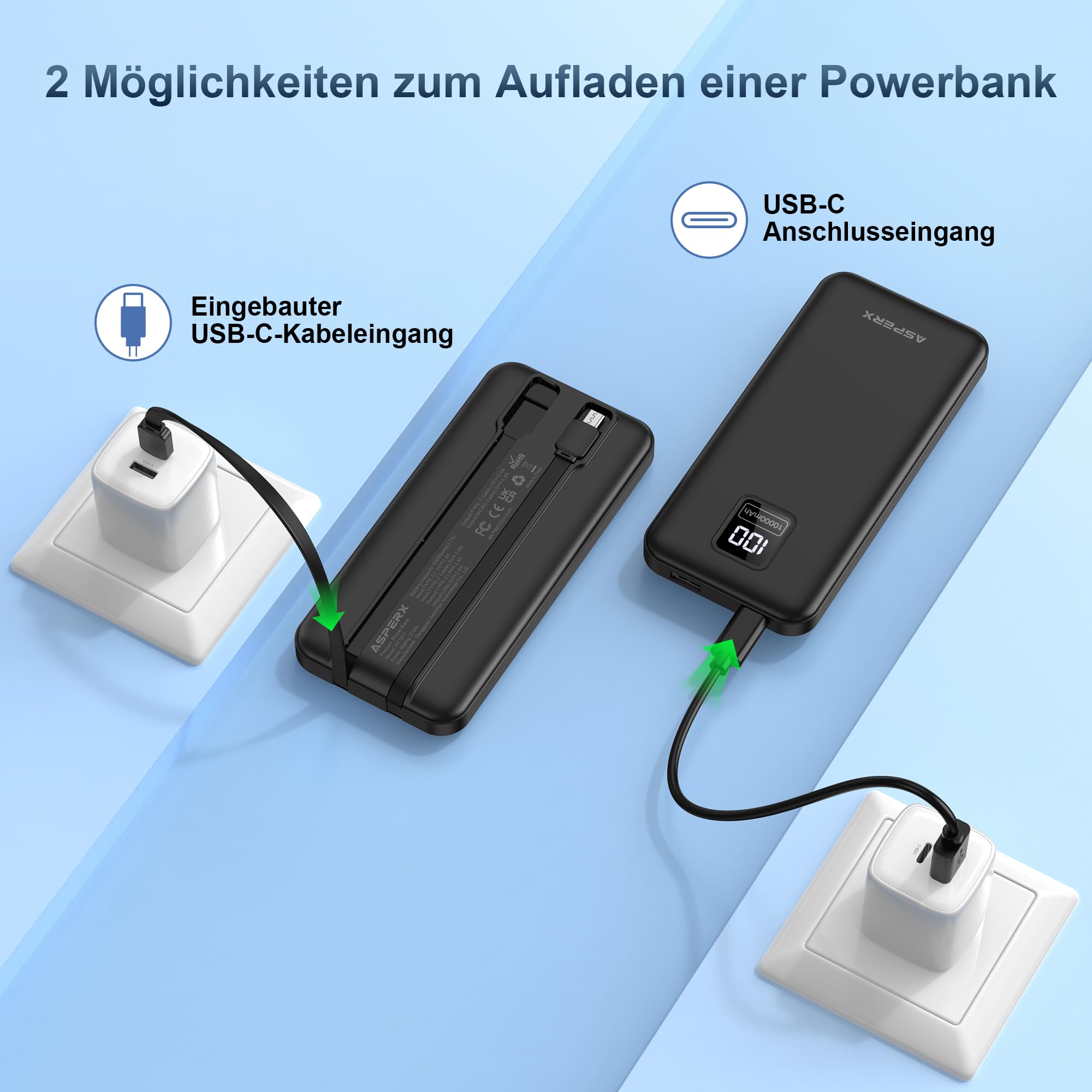 AsperX 2 Stück Powerbank 10000mAh mit USB-C Kabel Schnellladen 6