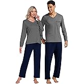MoFiz Pjs Pajamas for Men & Women Long Sleeve 2 Piece Sleep Lounge V Neck Lightweight Soft Loungewear Sets With Pockets