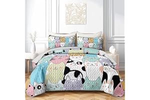 HOSIMA Cute Cat Twin Size Quilt Set for Teenage Girl Room Decor,Cartoon Colorful Pet Print Cat Quilt,Kawaii Bedding for Kids,Lightweight Aesthetic Animal Bedding with 2 Pillowcases.