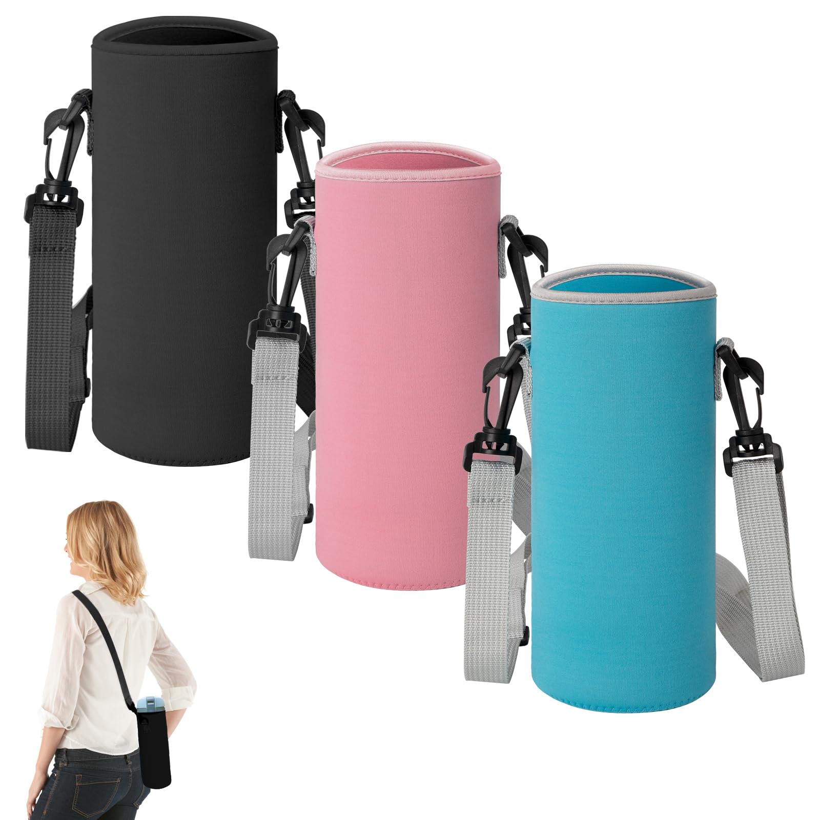 Water Bottle Holder Neoprene Water Bottle Carrier Bag Portable Water Bottle Sleeve with Adjustable Shoulder Strap for Outdoor Hiking Camping 3 Pieces 750 ml