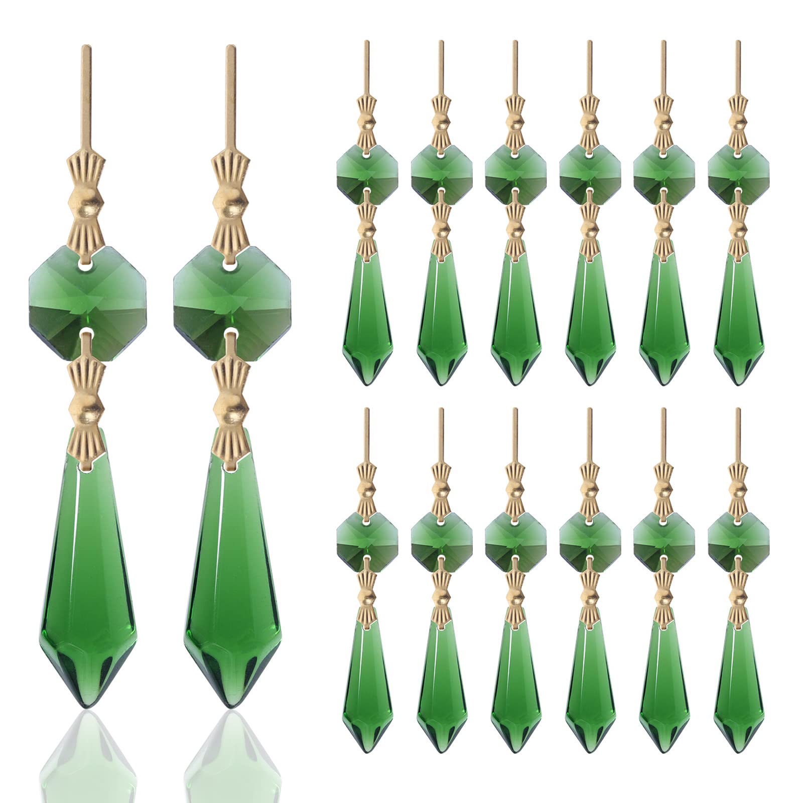 Photo 1 of 20pcs Green Crystals Prisms Glass Tip Beads Replacement Chandelier Icicle Drop Pendants Octagon Crystal Beads Gold Pins Connectors for Lamp Decoration Christmas Ornament