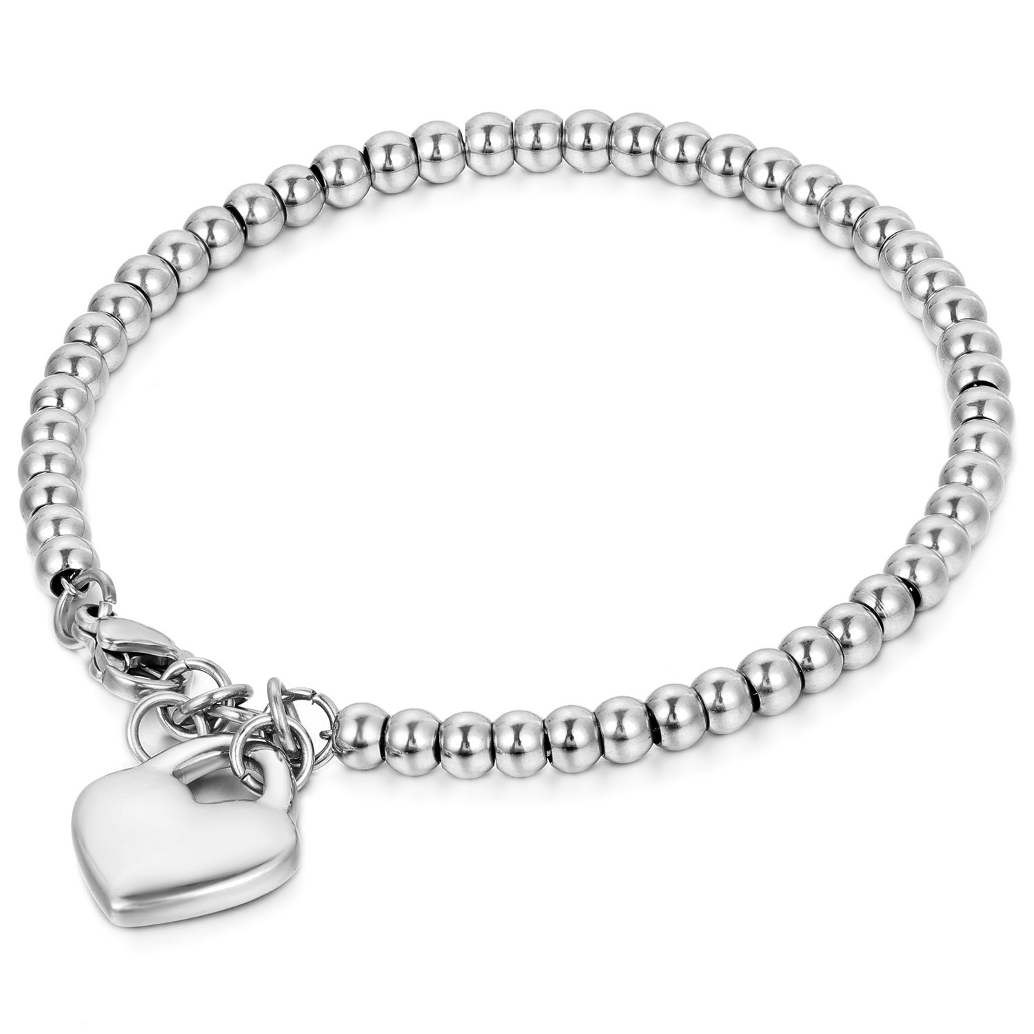 Cupimatch Womens Stainless Steel Love Heart Charm Beaded Ball Chain Bracelet Bangle for Mother's Day