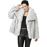 BEAUZSUZSANA Women's Faux Fox Fur Coat Long Sleeve Shaggy Cropped Fur Jackets with Lapel Collar and Pockets