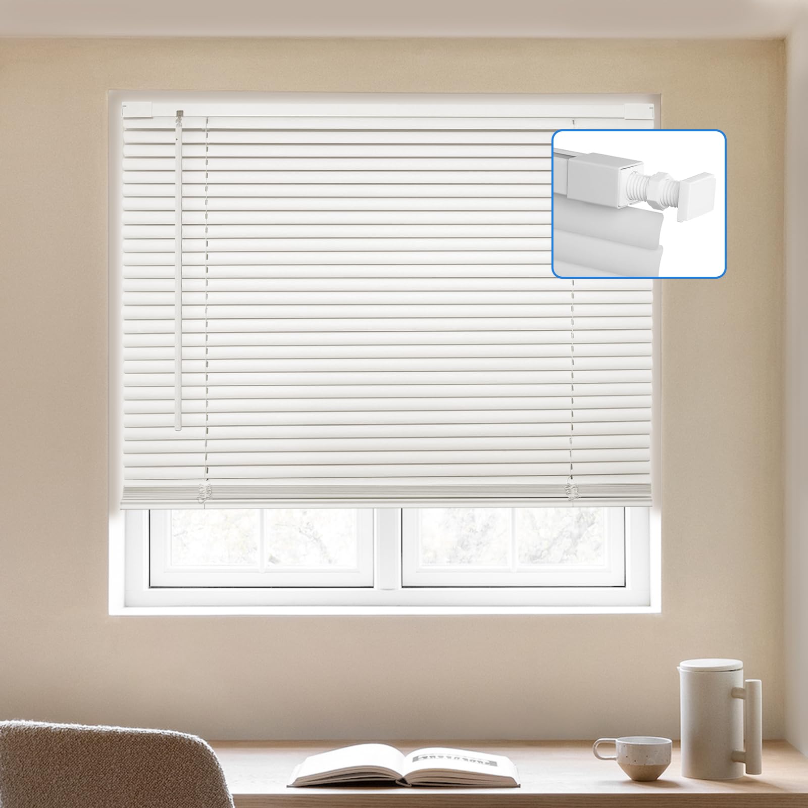 Photo 1 of **BEND/BREAK**MYshade No-Drill Cordless Horizontal Mini Blinds – 47.5" W x 64" H Tool-Free Inside Mount Window Blinds with 1" Vinyl Slats, Light Filtering & Privacy, Child & Pet Safe, White