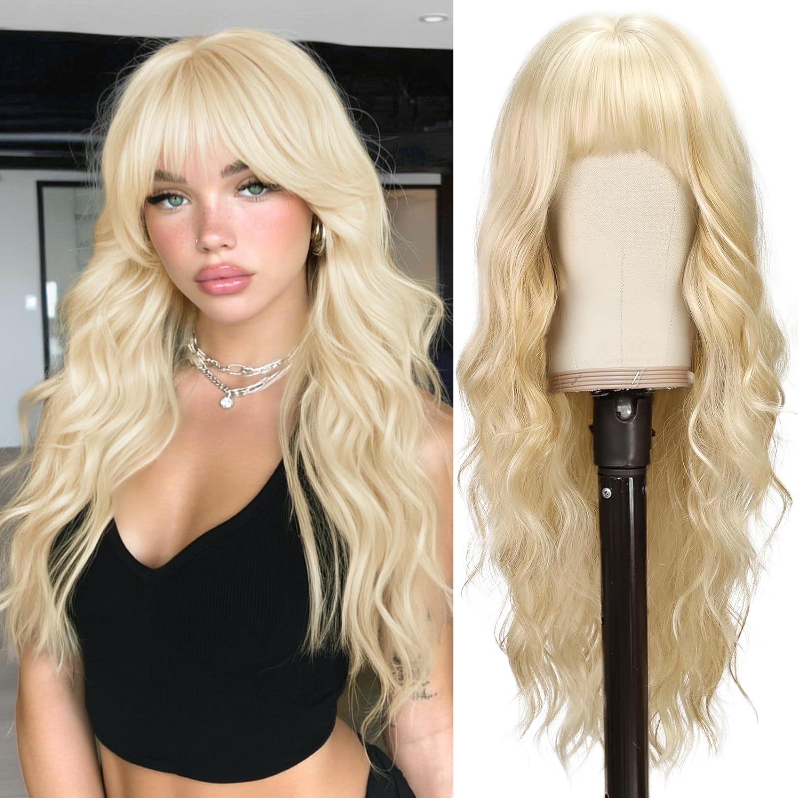 BARSDAR Long Blonde Wig With Bangs, 26 Inch Long Wavy Wig with Bangs for Women Synthetic Blonde Hair Wigs Natural Looking Daily Cosplay Party Halloween