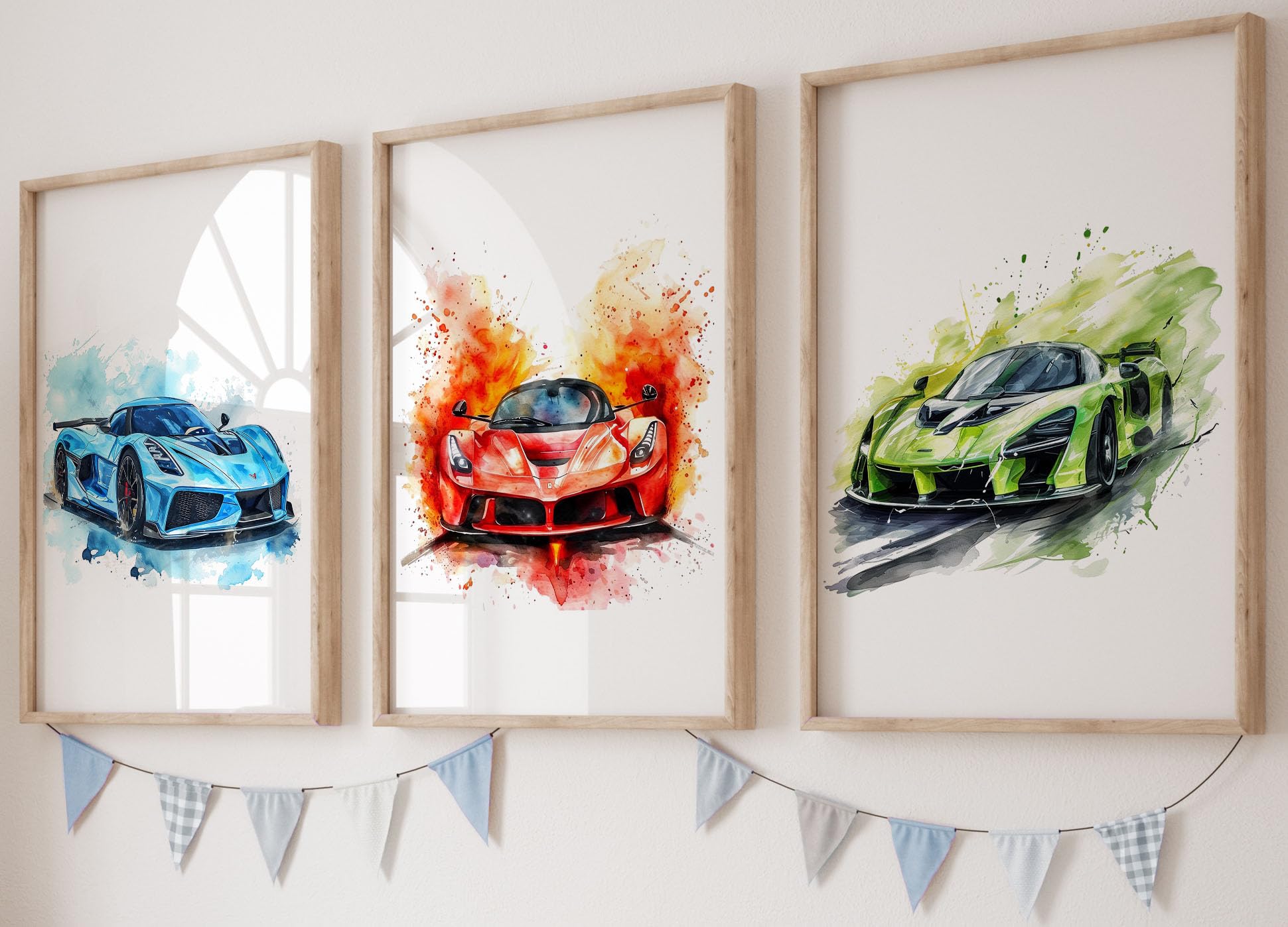 Supercars Set of 3 Unframed Poster Prints for Boy Girl Nursery Bedroom Playroom, Watercolour Design, Wall Art Transport Decor, Fast Racing Cars, Blue Red Green (A4)