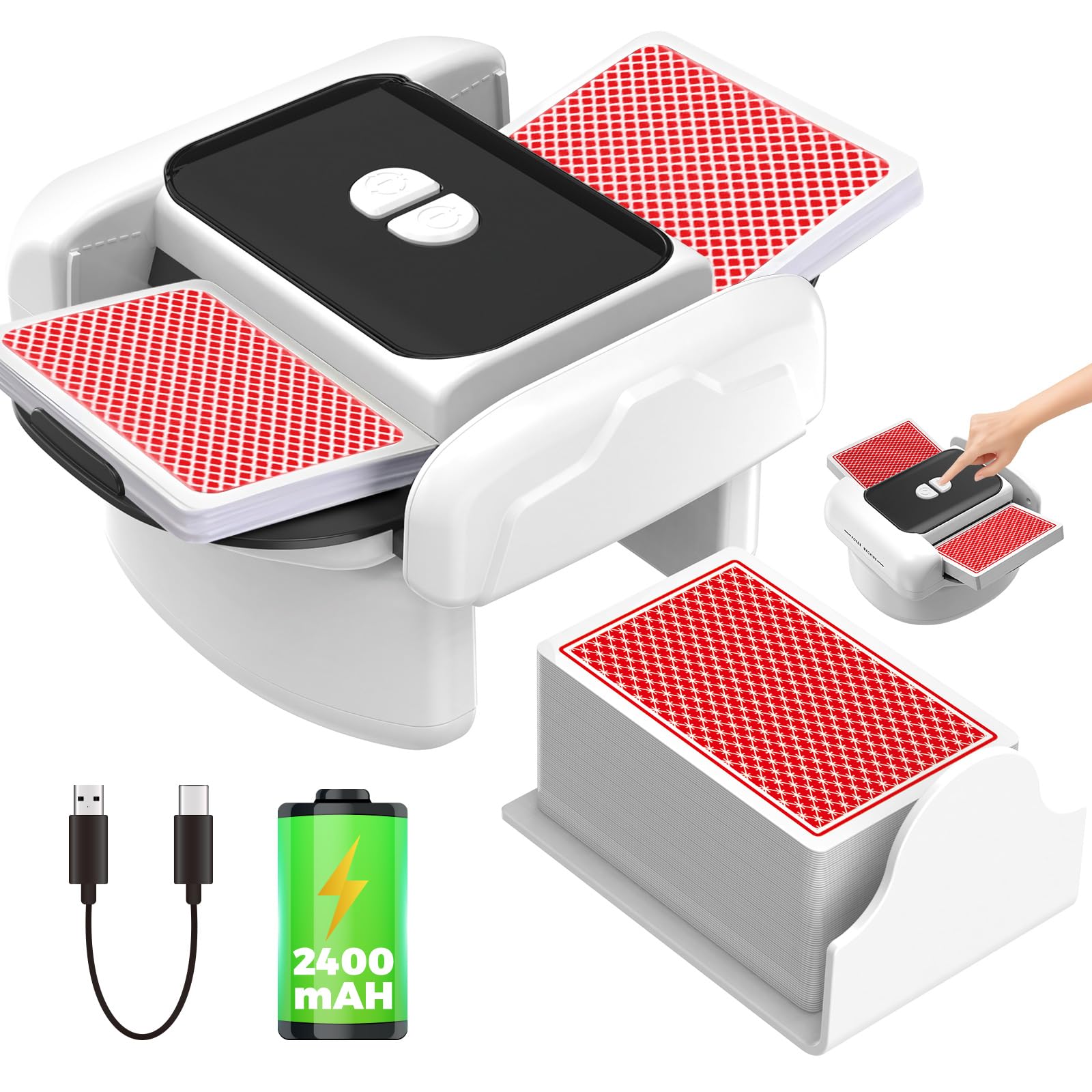 BeSokar Automatic Card Shuffler, 2 Operation Modes, Rechargeable with Long-Lasting Battery, Silent, for UNO, Poker, Blackjack Cards, Black (Black & White)​​