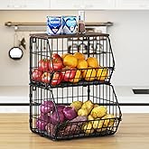 Wetheny 2 Tier Stackable Wall Mounted Wire Basket Fruit Basket with Wood Lid - Kitchen Pantry Organization and Storage, Hangi