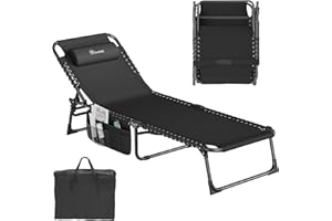 YITAHOME Patio Lounge Chair, Portable Reclining Chairse Lounge Folding Camping Cot 4 Posistion Adjustable w/Head Pillow & Portable Handbag for Camping, Pool, Beach and Patio, Black
