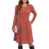 lionstill Women's Knit Textured Sweater Dresses Long Sleeve Loose Casual Pleated Fall Dress with Pockets,Caramel, 2XL