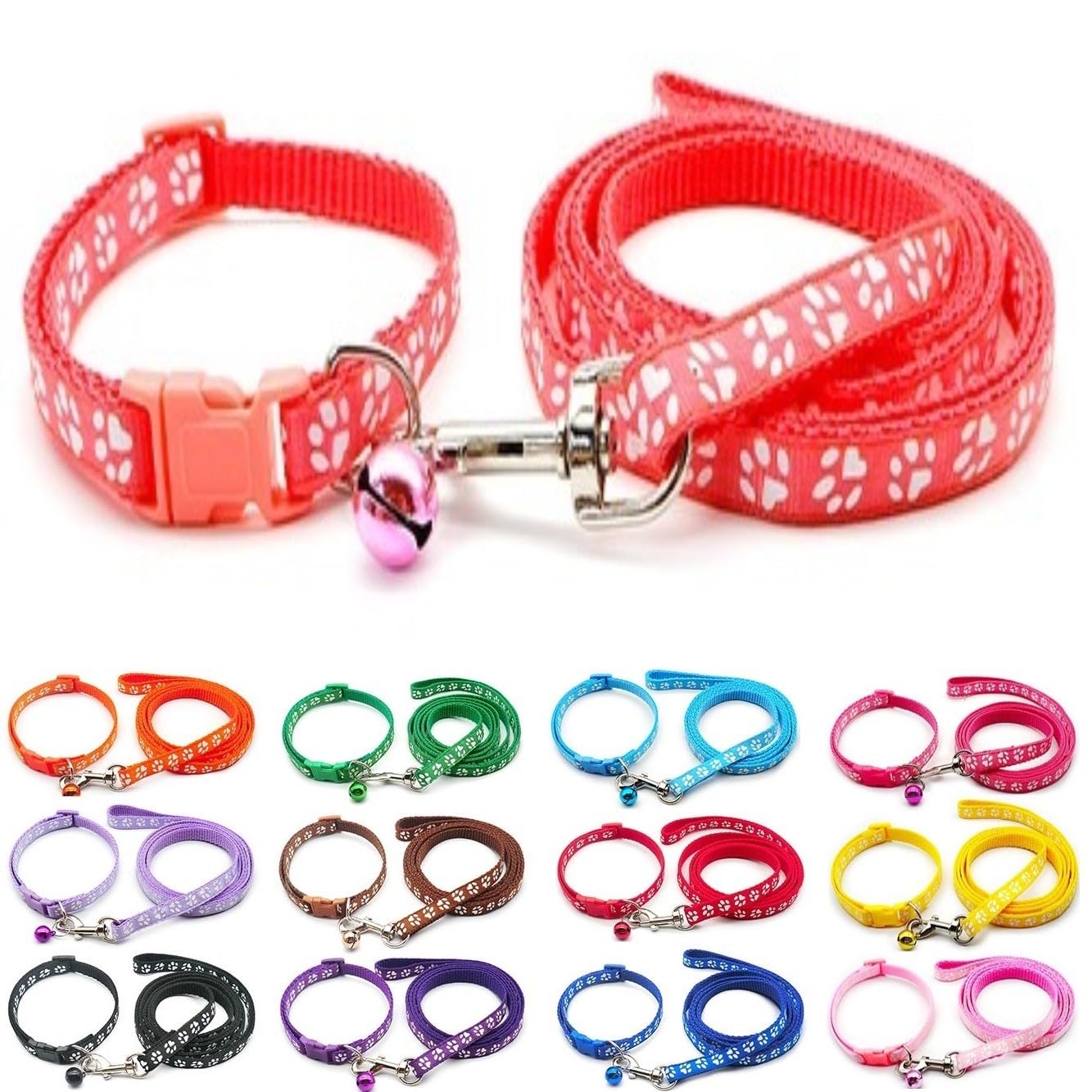 Small Dog Puppy Pet Collar and Lead Set Pawprint Design Nylon Adjustable Size 19-32cm Collar with Bell and 120cm Leash Coral Red Watermelon