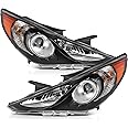LSAILON Headlight Assembly Replacement Fit 2011-2014 For Hyundai Sonata (NOT FIT Hybrid Models) Black Housing Amber Reflector Clear Lens Driver and Passenger Side