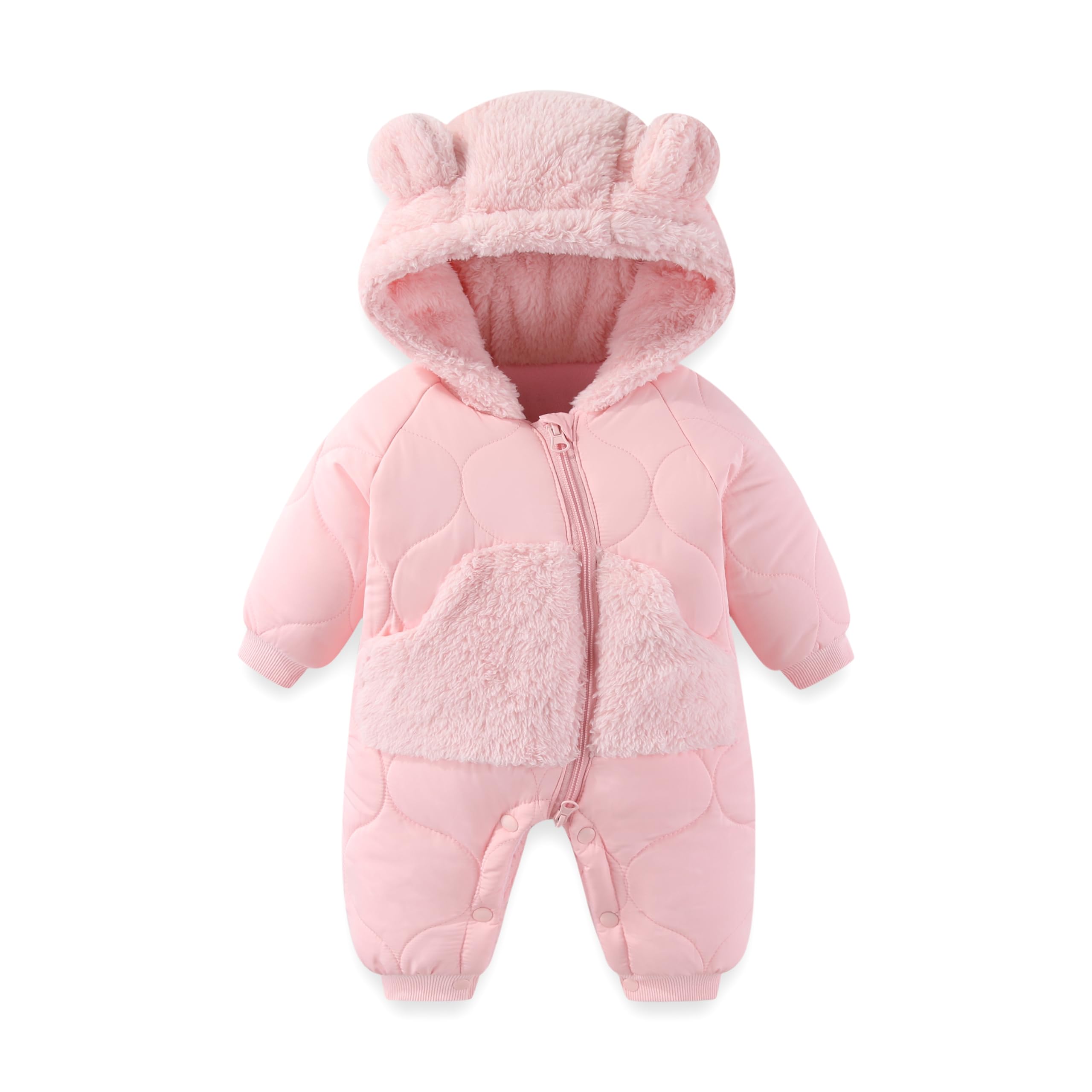 JiAmy Baby Snowsuit Winter Romper Hooded Boys Girls Jumpsuit Bear Thick Windproof Cap Infant Winter Clothes 3-6 Months Pink