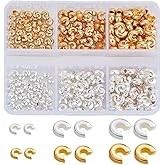 Beebeecraft 300Pcs Crimp Bead Covers 18K Gold & 925 Sterling Silver Plated Brass Open Crimping Beads with Divided Box for Jewelry Making DIY Crafts Findings Bracelet