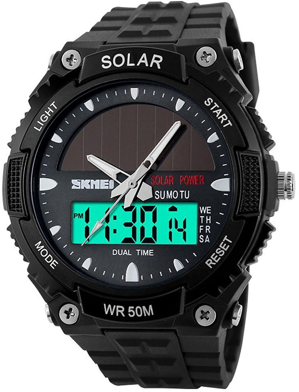 FANMIS Men's Solar Powered Casual Quartz Wrist Watch Analog Digital Multifunctional Black Sports Watch, Black, Men Standard, Sports