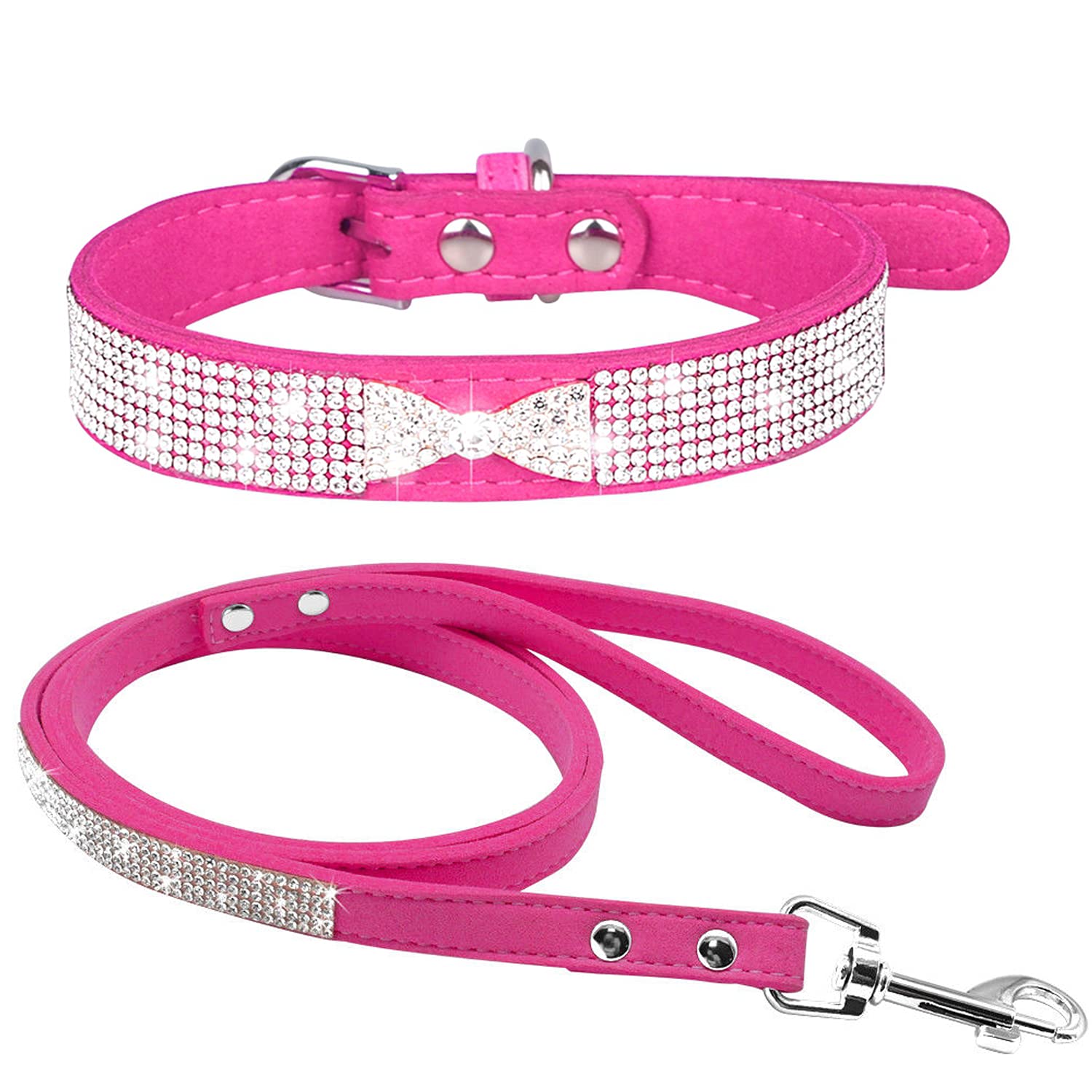 haoyueer Rhinestone Dog Collar, Cute Dazzling Sparkling Soft Suede Leather Dog Cat Rhinestone Collar Leash Crystal Diamond Pet Dog Puppy Collar (L, Hot Pink-3)