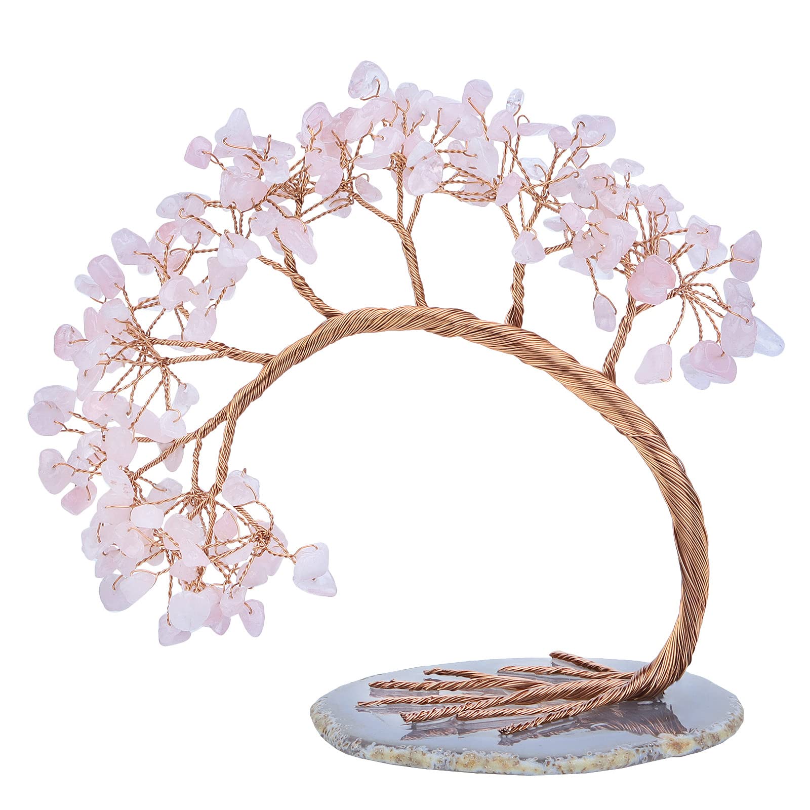 Nupuyai Rose Quartz Crystal Tree with Agate Slice Base, Money Tree Figurines Fengshui Ornament for Home Office Wedding Decoration