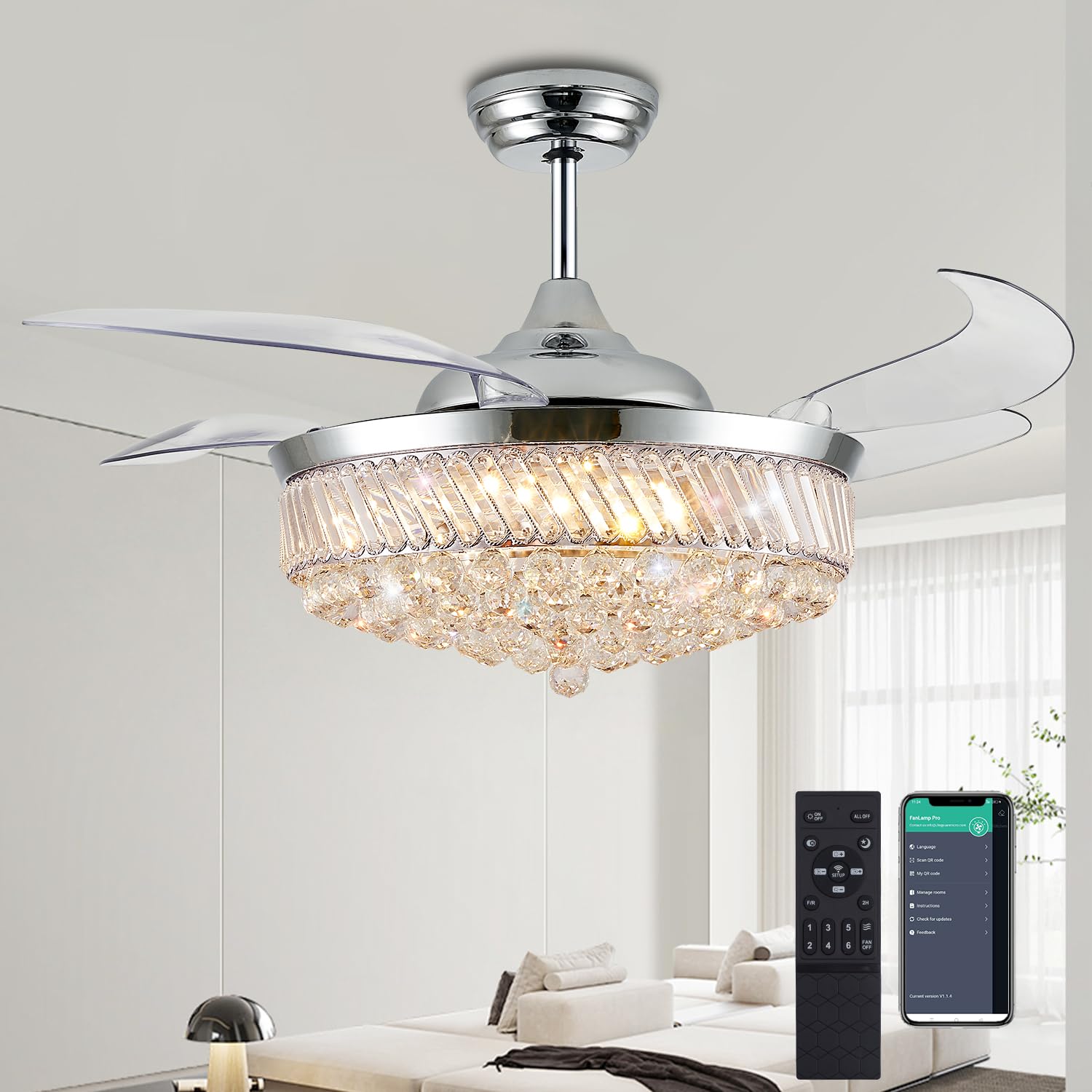 Photo 1 of PAFRUMGE 52" Dimmable Fandelier Crystal LED Ceiling Fans with Lights and Remote Chandeliers Ceiling Fan for Bedroom,Dining Room,Living Room (Chrome, 52 in)