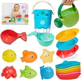 16PCS Baby Bath Toys for Kids Ages 1-3, Mold Free No Hole Bath Toy Set, Easy Clean Bathtub Pool Water Table Toys for 1 2 3 Year Old, Floating Boats Bucket Watering Can Bath Toys for Babies 12+ Months