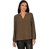 Adrianna Papell Womens V-Placket Airflow Woven Blouse with Long Sleeves