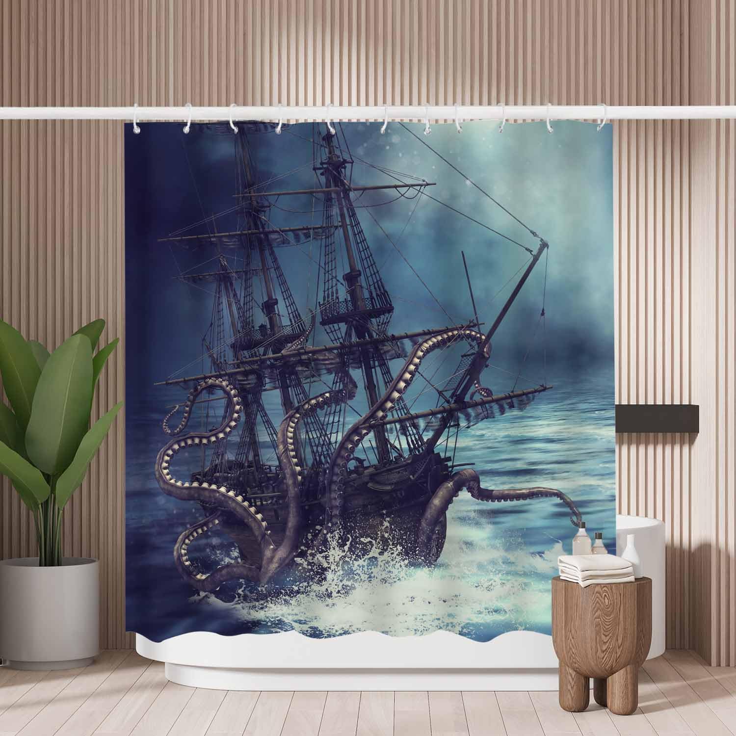 Woutay Shower Curtain Mould Proof Resistant Pirate Ship,Water Repellant Fabric,Polyester,with 12 Plastic Hooks,Size 180x180CM