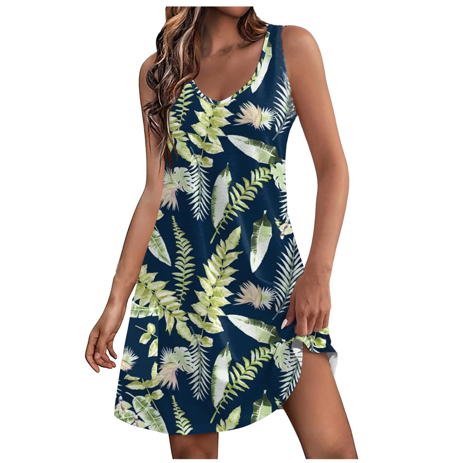 Women's Sleeveless V-Neck Floral Midi Dress - Loose Fit, Hawaiian Tropical  Print, For Beach, Summer, Fall, Casual Wear