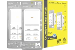 Minoston Timer Switch, 2-4 Hour, 5-10-30-60 Min, with Dimmable LED Indicator, Neutral Wire Required, In Wall Countdown Switch for Lights, Bath, Exhaust Fans, Heaters, 120VAC 60Hz, White, 2 Pack(MT10N)