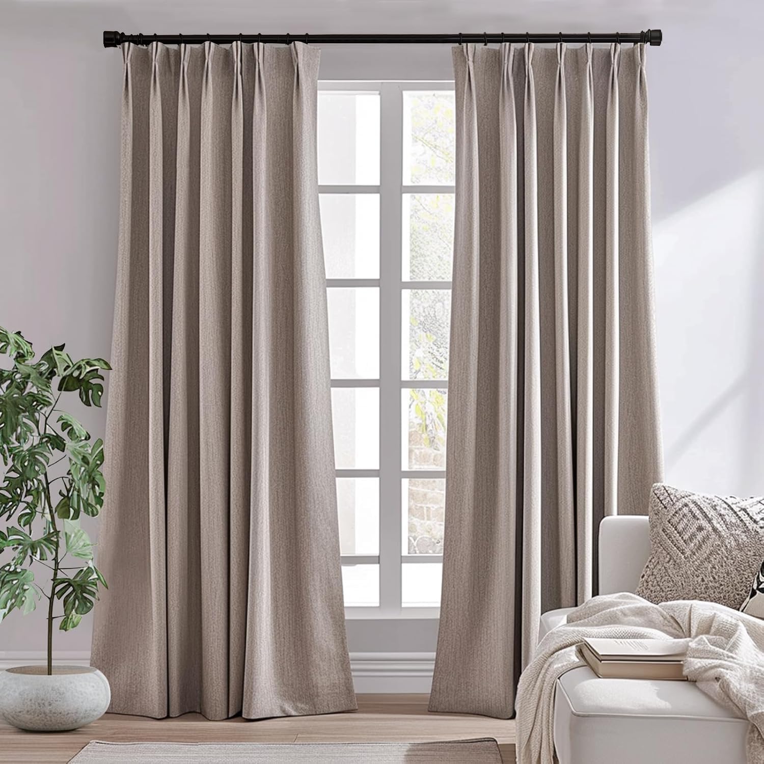 Photo 1 of jinchan Pinch Pleated Taupe Curtain - 96 Inch Length, 75% Blackout, Bedroom & Living Room Curtain, 1 Panel Texture Window Drape