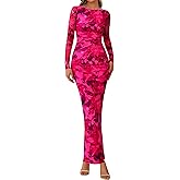 PRETTYGARDEN Women's Long Sleeve Bodycon Dresses 2026 Spring Sexy Floral Mesh Slit Ruched Tight Maxi Wedding Guest Dress