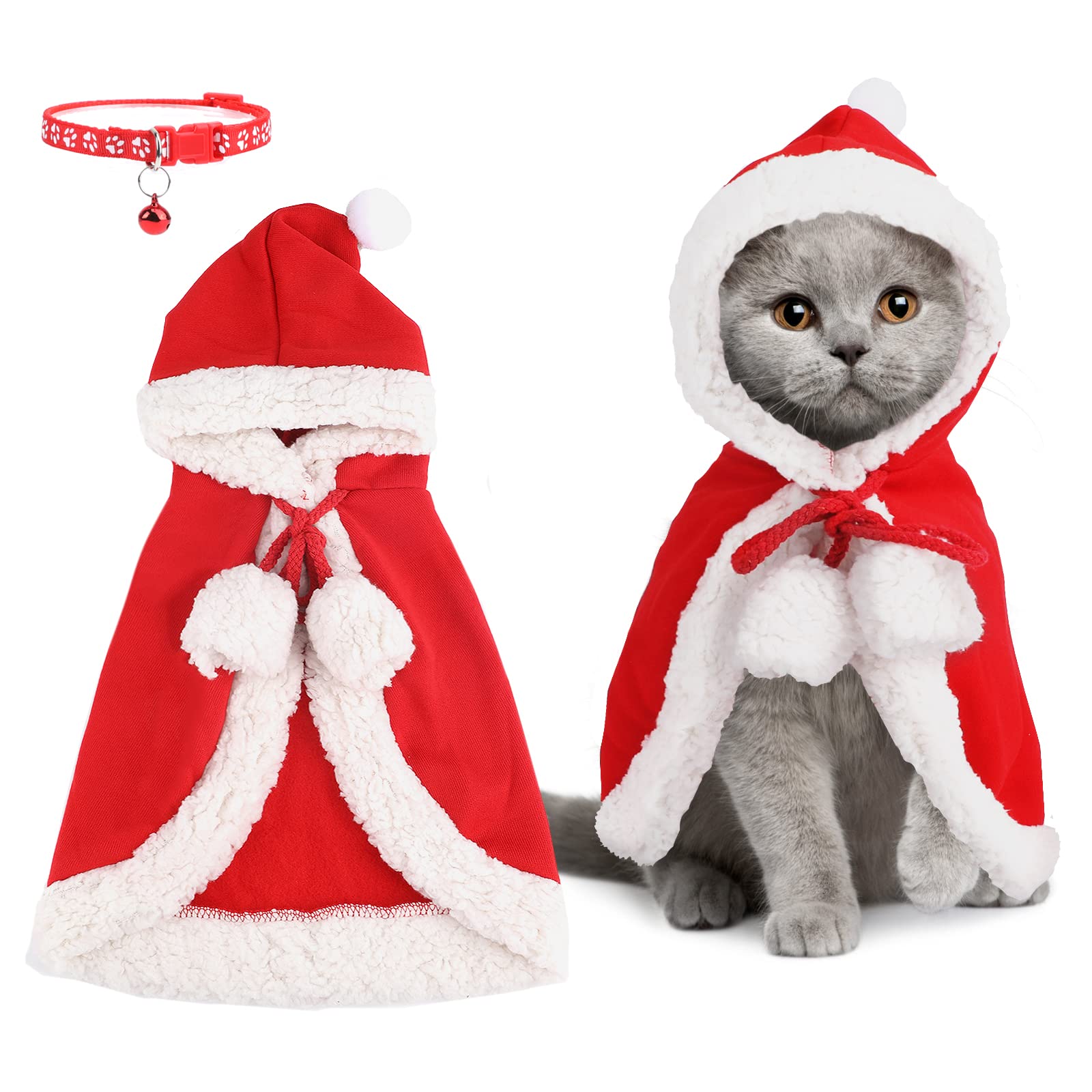 2PACK Cat Dog Cloak with Red Xmas Hat, Christmas Pet Costume with Bell Band as Pet Gift, Christmas Costume for Puppy Kitten Cats Small Dogs Pets, for Xmas New Year Cosplay Party (M Size)